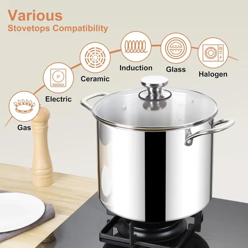 Miniatura 5 de Herogo Olla de 10 cuartos de galón, olla grande de acero inoxidable 18/10 con tapa, olla de pasta de metal de 10 cuartos de galón para sopa