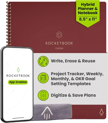 Miniatura 15 de Rocketbook Fusion Hybrid - Planificador y cuaderno reutilizables en uno, páginas en blanco adicionales, rastreador de metas y proyectos, Azul marino