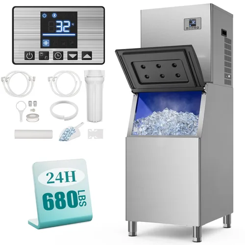 Máquina de hielo comercial de 680 libras/24 horas con contenedor de almacenamiento de 560 libras, lista para hielo en 8-15 minutos, aprobación ETL,