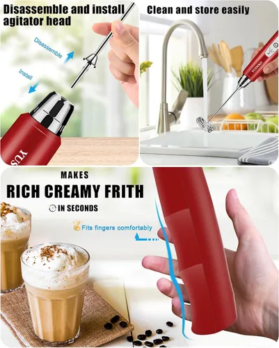 Miniatura 5 de YUSWKO Espumador de leche recargable para café, mezclador de bebidas de mano con 3 cabezales, 3 velocidades, varita espumadora de café ideal