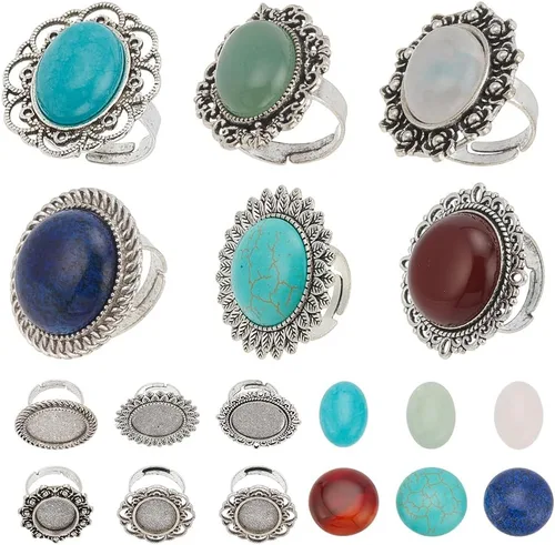 Miniatura 8 de SUNNYCLUE 16 piezas DIY 8 juegos de anillos bisel en blanco piedra natural cabujones estilo antiguo anillo de dedo ajustable componentes en blanco