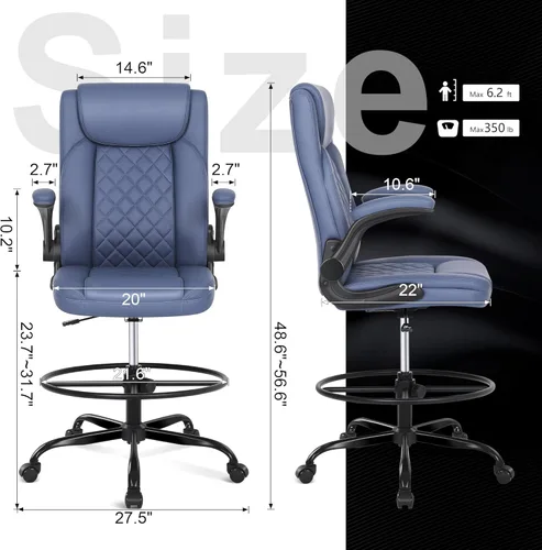 Miniatura 3 de Misolant Silla de dibujo con anillo reposapiés, silla de oficina alta para escritorio de pie, silla de pie con altura ajustable y reposabrazos Azul