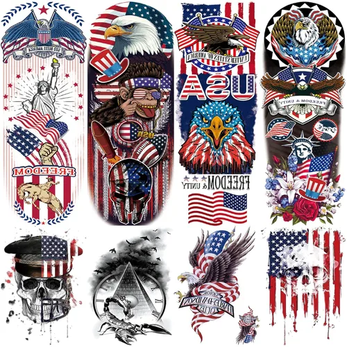 Mangas temporales para tatuaje del 4 de julio para hombres y mujeres, 4 hojas grandes de brazo completo de Estados Unidos, patriótico 4 de julio,