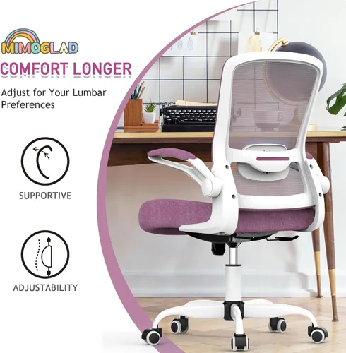 Miniatura 3 de Mimoglad Silla de oficina ergonómica de malla con respaldo alto, soporte lumbar ajustable, cojín de asiento grueso (moderno, orquídea)