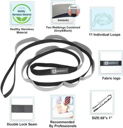 Miniatura 4 de A AZURELIFE Half-Elastic Stretch Straps with 11 Loops, Stretching Strap for Physical Therapy, Multi-Loop Yoga Strap Fitness Exercise Strap for Yoga
