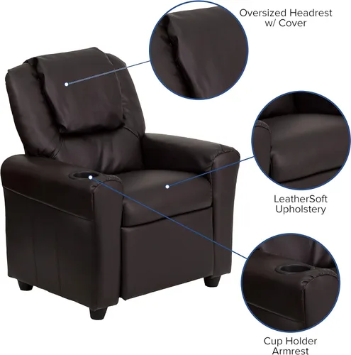 Miniatura 5 de BizChair Sillón reclinable infantil LeatherSoft marrón con portavasos y reposacabezas Piel suave de color café.