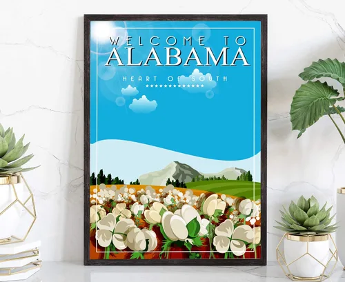Póster de viaje de estilo retro, Alabama, impresión de póster rústico vintage, decoración de pared de oficina en casa, póster de mapa del estado de
