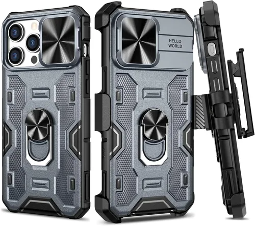 Miniatura 16 de VEGO Funda para iPhone 13 y iPhone 14 con soporte de clip para cinturón, cubierta deslizante para cámara y soporte magnético giratorio de 360°