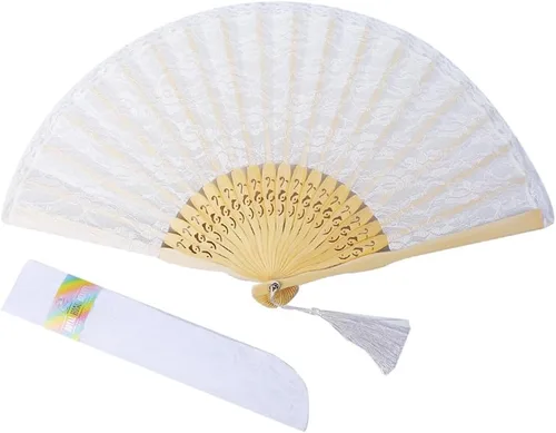Abanico de mano plegable de bambú japonés chino para novia, abanicos de encaje blanco para mujer, ventilador retro vintage hecho a mano plegable