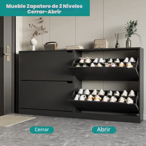 Miniatura 3 de Xixini Armario de almacenamiento de zapatos para entrada con 2 cajones abatibles, almacenamiento oculto independiente de madera, organizador de Negro