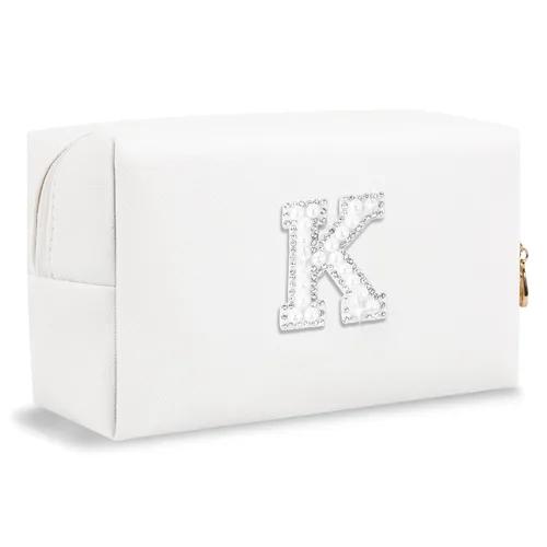 Miniatura 29 de Pequeña bolsa de maquillaje personalizada con inicial A-Z Preppy Patch, bolsa de cosméticos de viaje de felpilla blanca con cremallera, bonita bolsa