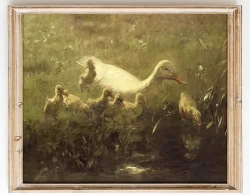 Kizbok Decoración de pared de pato vintage, impresiones en lienzo de paisaje de primavera de granja, decoración de pared rústica para guardería,