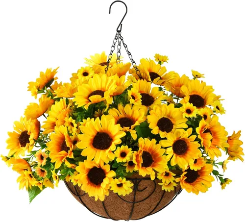 Miniatura 7 de Flores artificiales con jarrón de cerámica para decoración de otoño, 5 arreglos florales de seda falsos, centros de mesa de flores artificiales