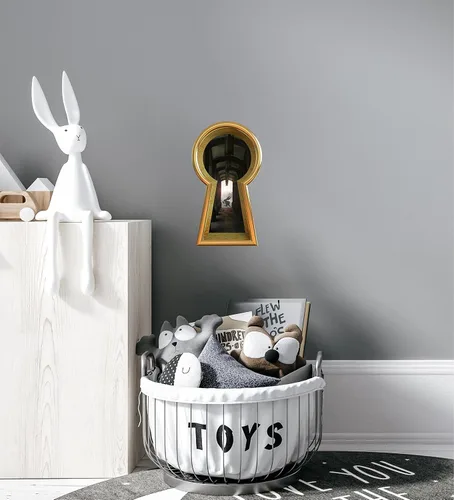 Miniatura 3 de Calcomanía de pared con diseño de ojo de cerradura dorada, conejo blanco, corriendo tarde, país de las maravillas, mundo de fantasía encantado