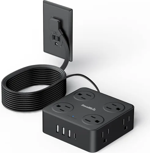 Miniatura 10 de SMALLRT - Cable de extensión con múltiples tomas, extensor de salida con protector de sobretensiones, enchufe plano de 6.5 pies con puertos USB, 8