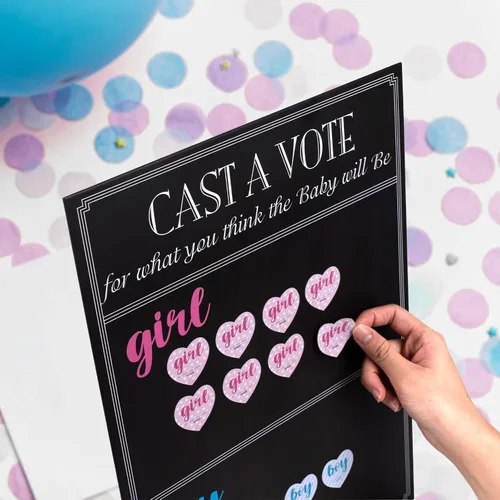 Miniatura 4 de Juego de mesa para revelar el género del bebé con 144 calcomanías de voto para niña o niño, cartel de voto con soporte, diseño de pizarra