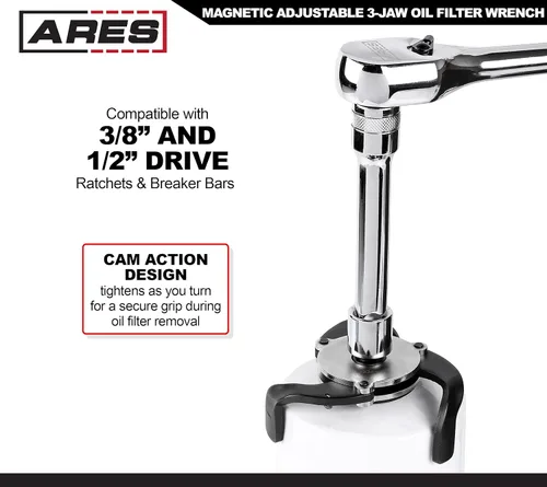 Miniatura 4 de ARES 56047 – Llave de filtro de aceite magnética ajustable de 3 garras – Rango de 2 3/8 pulgadas a 3 7/8 pulgadas (60mm a 98mm) – Uso con trinquetes