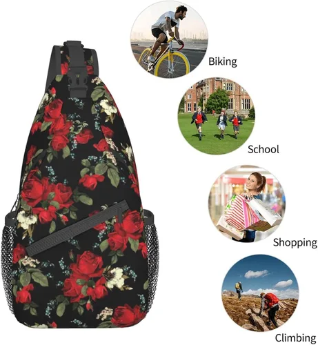 Miniatura 5 de Junong Bolso bandolera bandolera para viajes, senderismo, pecho, mochila deportiva para mujeres y hombres, Patrón floral de rosas rojas