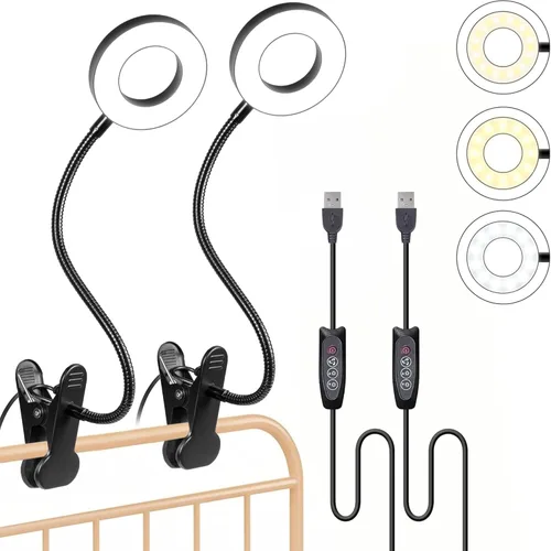 Miniatura 10 de Foneso Lámpara de escritorio con clip, luz de 48 LED, USB, con 3 modos de color, 10 niveles de brillo, protección ocular, cuello de ganso flexible