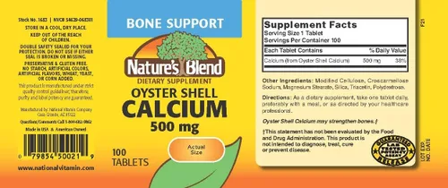Miniatura 2 de Nature's Blend Calcio de concha de ostra 500 mg 100 tabletas (1683)