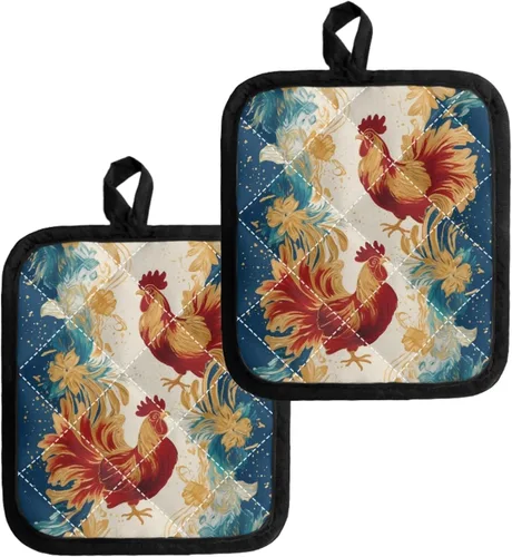 Miniatura 14 de Juego de soportes para macetas de flores rojas de pollo blanco y negro, resistentes al calor, almohadillas calientes para horno, antideslizantes