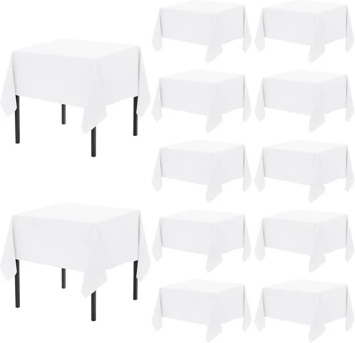 12 paquetes de manteles blancos, 52 x 52 pulgadas, manteles lavables de poliéster resistentes a manchas y arrugas para mesas cuadradas, mantel