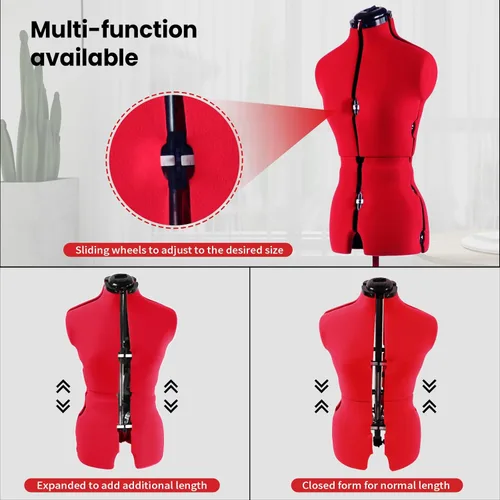 Miniatura 3 de Maniquí ajustable para vestidos de costura, para mujer, talla 6-14, con forma de cuerpo para clavar alfileres con 13 diales, base rodante Rojo