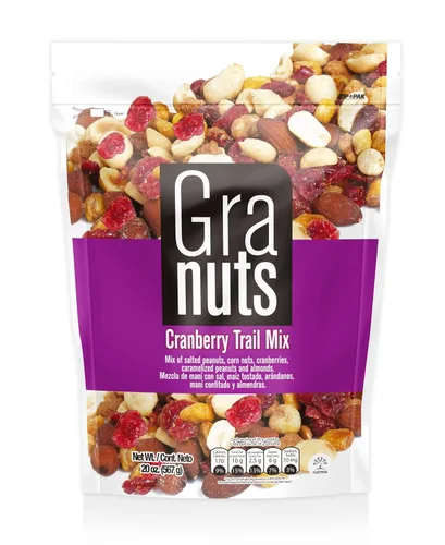 Miniatura 9 de Granuts Cranberry Trail Mix Cacahuetes caramelizados Nueces de maíz crujientes + almendras Arándanos suaves Sabores salados + dulces Snack