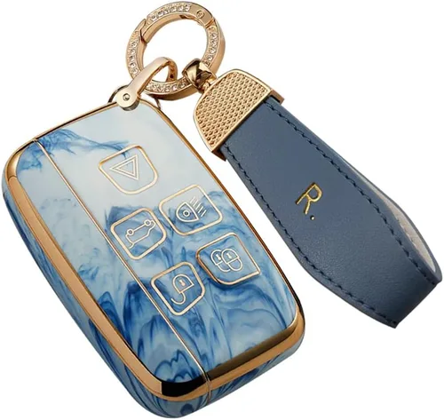 SANRILY Funda para llavero Land Rover con llavero sin llave, diseño de jade con borde dorado para Range Rover Evoque Sport y Jaguar F-TYPE F-PACE XE