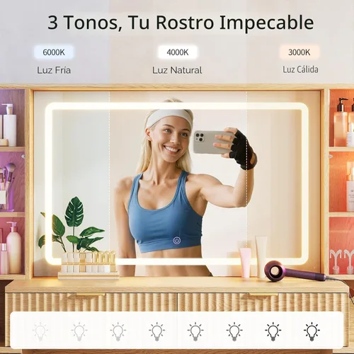 Miniatura 4 de HAUOMS Big Vanity, escritorio de maquillaje de madera estriada con espejo y luces LED de sincronización de sonido, tocador grande, 8 cajones, Roble