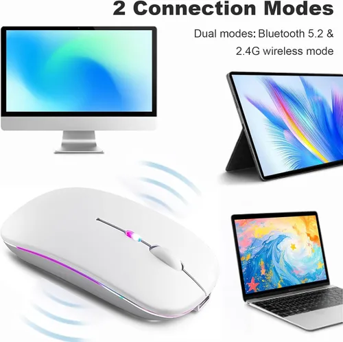 Miniatura 3 de Ratón inalámbrico recargable, mouse inalámbrico LED Bluetooth para iPad, mouse de computadora portátil delgado con receptor USB, conexión dual BT5.4