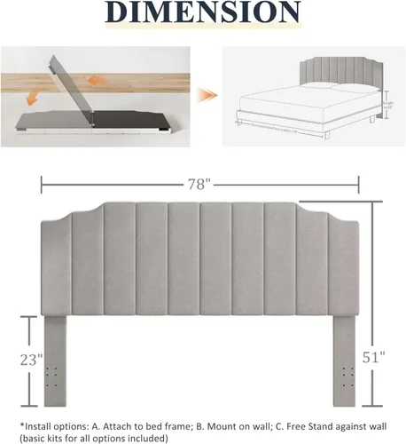 Miniatura 2 de Befurtori Cabecera Solo Tamaño King, Cabecera de Terciopelo Montada en Pared King para Cama Ajustable Cabecera Moderna Tapizada Fácil Montaje, Gris