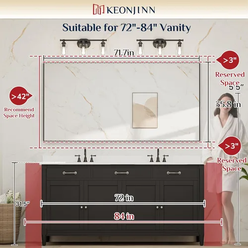 Miniatura 7 de Keonjinn - Espejo de baño rectangular grande de 72x36 pulgadas con marco negro, espejos de metal cuadrados para sobre el lavabo, espejos de pared