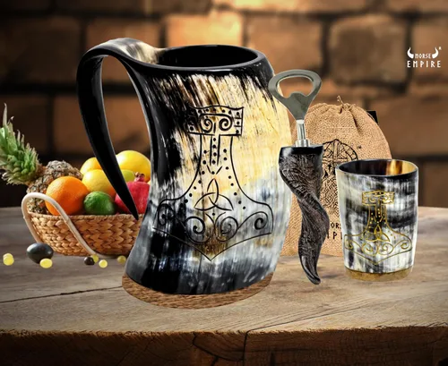 Miniatura 7 de Taza de cuerno de buey vikingo, 16–20 oz (Worthy Mjolnir) Taza de cuerno de buey y stein de café Elegante y hecha a mano para hombres y mujeres