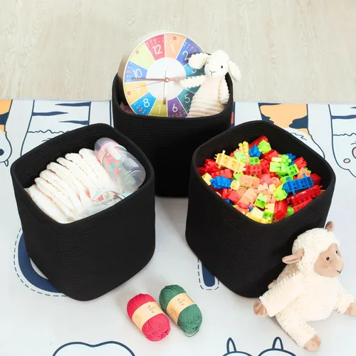 Miniatura 5 de MINTWOOD Design Paquete de 3 cubetas de almacenamiento de 11x11 pulgadas, organizador tejido, lindas cubetas cuadradas para clóset, canastas Negro