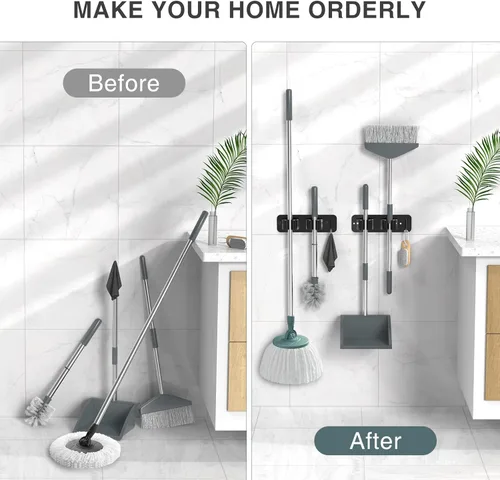 Miniatura 3 de homeasy - Soporte de pared para escoba y fregona, organizador con ganchos de acero inoxidable resistente Pack de 2, instalación sin taladro ni