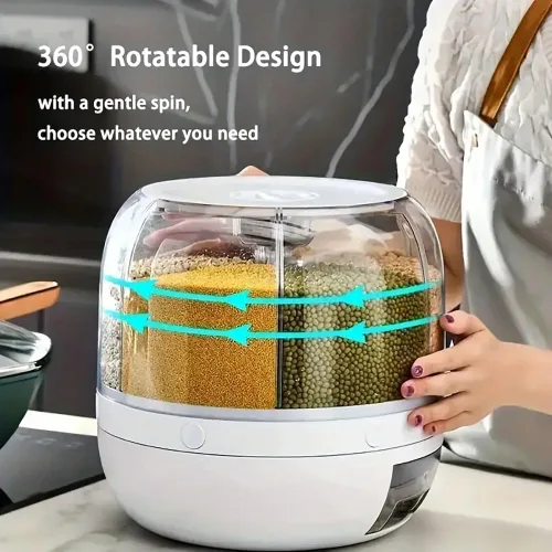 Miniatura 3 de Contenedor giratorio de almacenamiento de granos, dispensador de arroz, recipiente de arroz de 6 compartimentos, dispensador de alimentos giratorio
