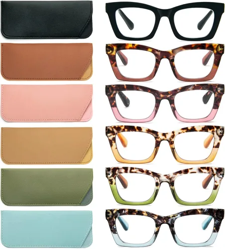 REAVEE 6 Pack Reading Glasses for Women Blue Light Blocking, Cute Square Computer Readers with Spring Hinge Color de mezcla M2-6