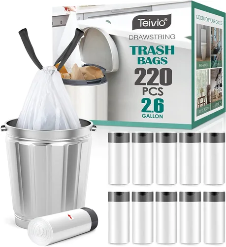 Teivio - Bolsas de basura con cordón fuerte de 2.6 galones, 220 unidades, bolsas de basura de baño, bolsas de plástico pequeñas de 2,2,5 y 3 galones