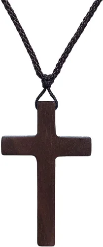 Collar con colgante de cruz de madera de nogal natural vintage con espejo retrovisor, cordón de cuero ajustable para hombres y mujeres, oración