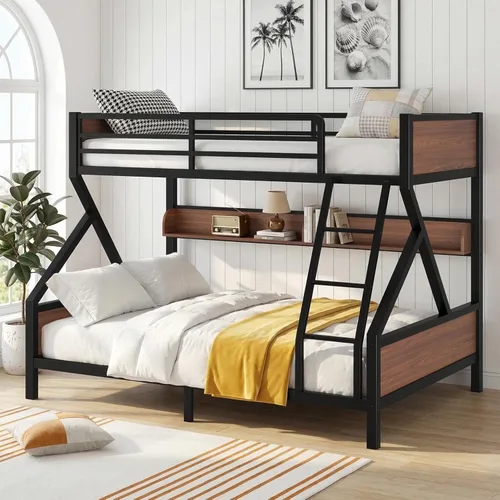 Miniatura 8 de Litera individual XL sobre Queen con estantes de almacenamiento y luces LED, marco de cama de metal resistente con escaleras, diseño sin ruido, cama