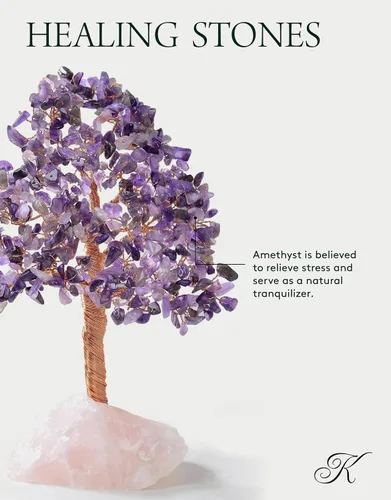 Miniatura 2 de KALIFANO Amatista natural prémium (414 piedras preciosas) Árbol de cristal de chakra con base de cuarzo rosa con propiedades curativas, árbol