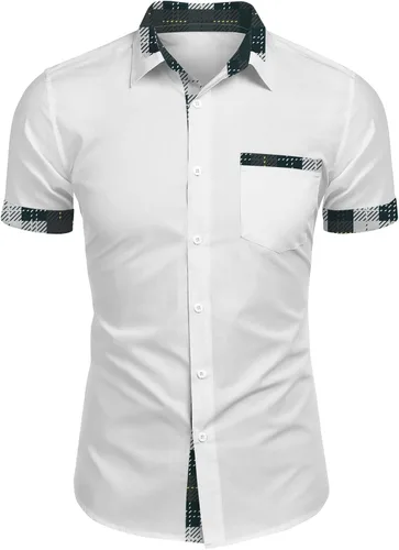 Miniatura 8 de RTRDE Men's Button Down Shirts Short Sleeve Plaid Print Summer Beach Wedding Vacation Dress Shirts, M-4XL
