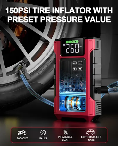 Miniatura 3 de Arrancador de coche de 4500 A con compresor de aire, cargador de batería portátil de 12 V, paquete de energía con inflador de neumáticos de 150 PSI