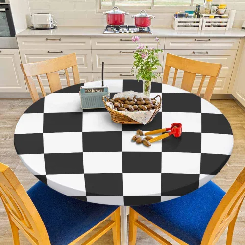 Miniatura 6 de Mantel de ajedrez blanco y negro con cuadrículas redondas, planos, abstracto, impermeable, lavable, para mesa de comedor ajustable de 40 a 44