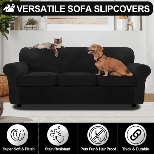 Miniatura 4 de FestiCorp Funda de sofá de terciopelo, fundas de sofá para sofás de 3 cojines, funda elástica de 4 piezas para sofá, fundas gruesas de muebles