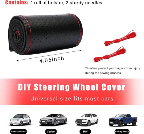 Miniatura 2 de Augeny Funda de cuero genuino para volante, transpirable, antideslizante, protector para volante de automóvil, funda para coser para un diámetro
