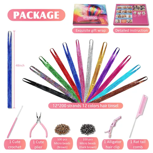 Miniatura 3 de Kit de oropel para el cabello con herramientas e instrucciones, fácil de usar, 12 colores, 2400 hebras de 48 pulgadas, extensiones de cabello de 12