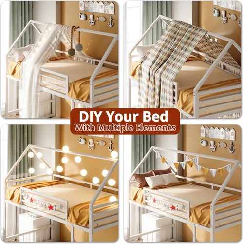 Miniatura 4 de LIKIMIO - Litera de tamaño individual sobre individual, estructura de cama litera con escalera y barandilla, en forma de casa con listones de metal
