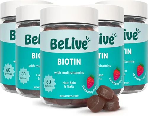 BeLive Gomitas de biotina con multivitaminas, ácido fólico, inositol, apoya el crecimiento del cabello, piel y uñas saludables, veganas, a base de